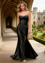 Faye Satin Black Strapless Dress Prom | Sheath Corset Pleated Slit Formal Dress with Twist Knot - Black - PromDressClub