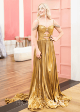Gabrielle |Long Gold Prom Dress Metallic With A Line Off the Shoulder Pleated Split - Gold - PromDressClub