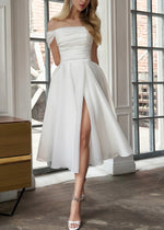 Gail | Sexy A Line Off the Shoulder Organza Midi White Wedding Reception Dress with Slit - Price #price_variant_lowest# - White - PromDressClub