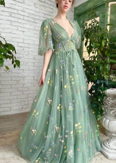 Genevieve | Elevate Your Elegance with Our Sage Green Floral Short Sleeve Corset Formal Dress – Design for Memorable Occasions - Sage Floral - PromDressClub