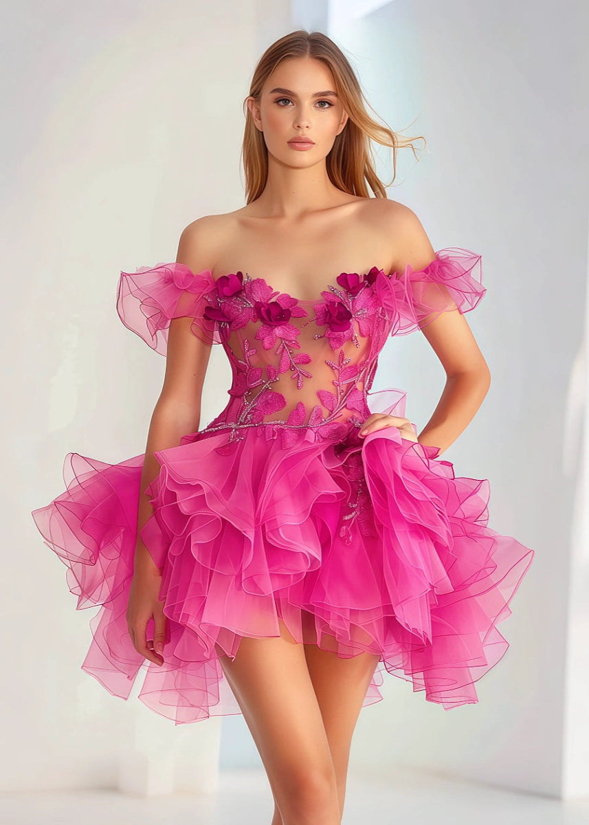 Ginevra | Discover the Stunning Magenta Off the Shoulder Homecoming Dress - Magenta - PromDressClub