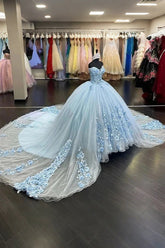 Gloria | Gorgeous Light Blue Quinceanera Flower Dresses for Unforgettable Sweet 16 - Blue - PromDressClub