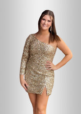 Leona |Gold Homecoming Dresses Short Sequins One Shoulder Long Sleeve - Gold - PromDressClub