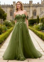 Gwen Olive Green 3D Flower Off Shoulder Prom Dress | A - Line Sweetheart Neckline Corset Tulle Formal Dress - Olive Green - PromDressClub
