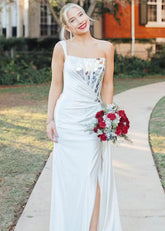 Hannah | Mermaid White Satin One Shoulder Mirror Pleated Prom Dress with Slit - White - PromDressClub