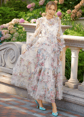 Harper | Modest White Floral Long Sleeve High Neck Prom Dress with Ruffles - White Floral - PromDressClub