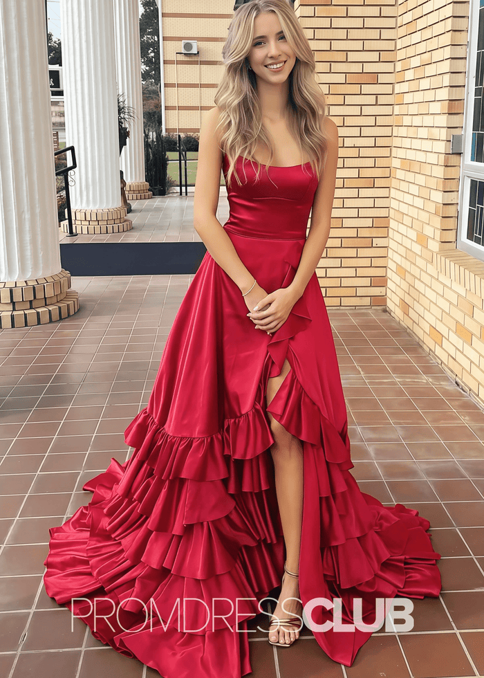 Hedy | A Line Lace - Up Ruffle Long Red Prom Dress - Price #price_variant_lowest# - Red - PromDressClub