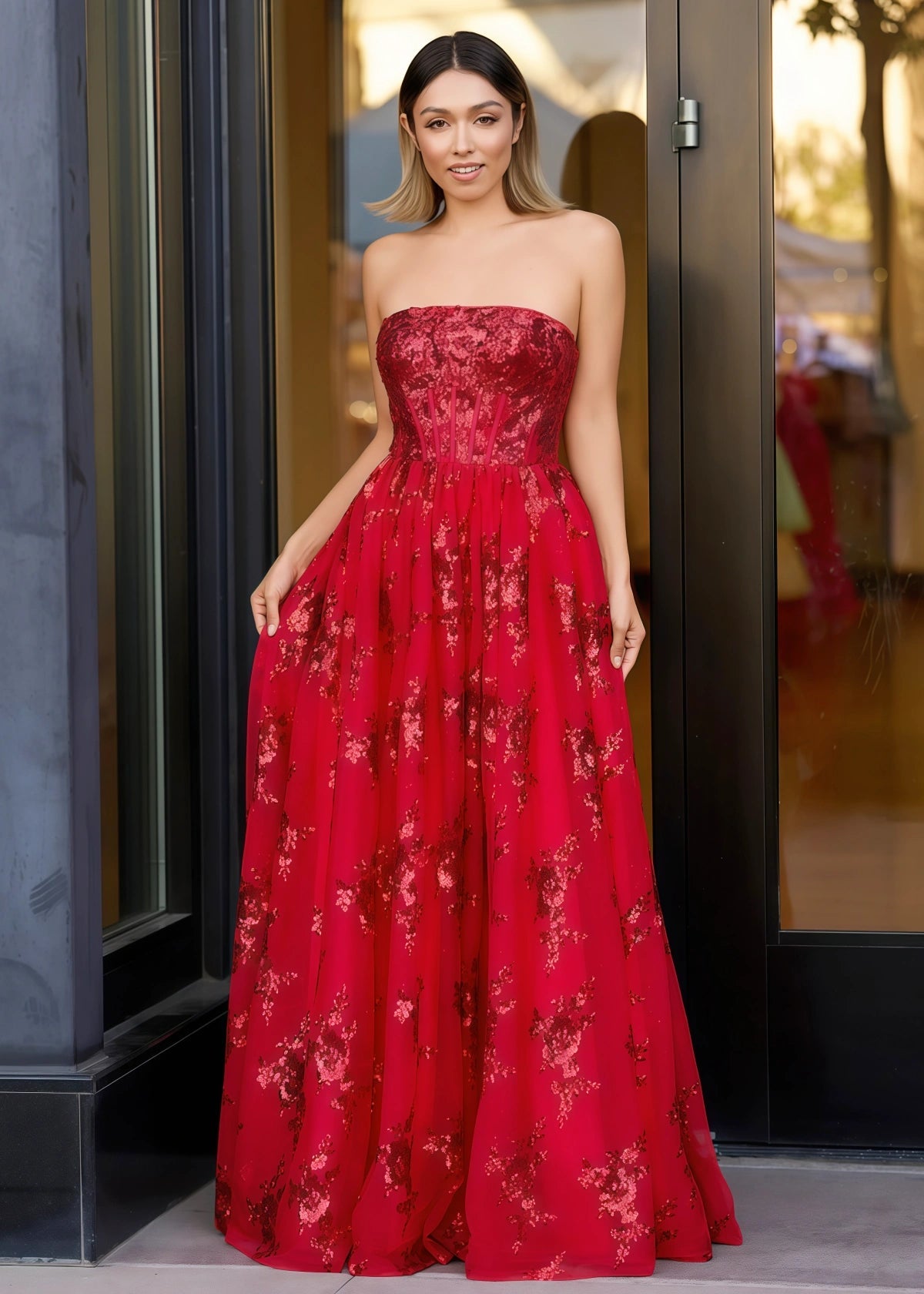Hermosa | Strapless Pleating Applique Floor Length Red Prom Dress - Price #price_variant_lowest# - Red - PromDressClub