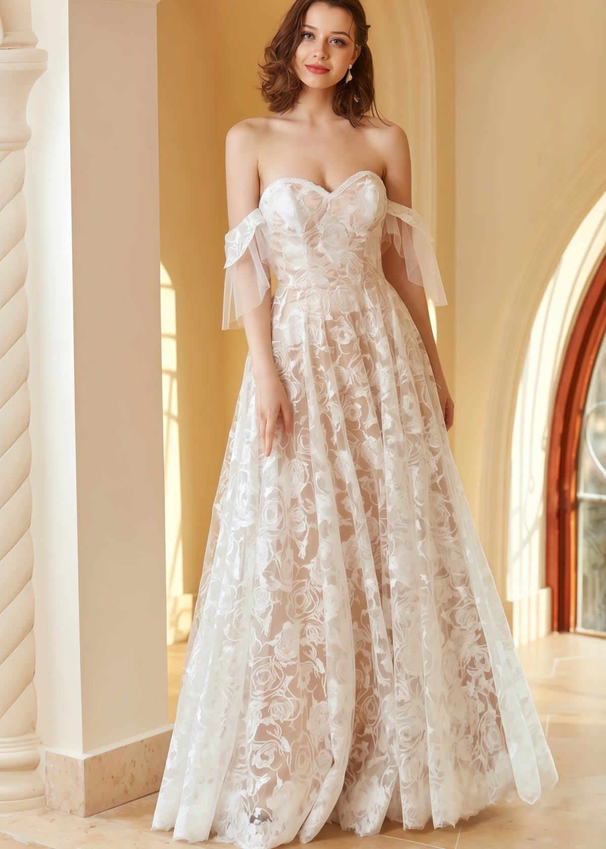 Ida | Beach A Line Off the Shoulder Lace White Wedding Dress with Backless - Price #price_variant_lowest# - White - PromDressClub