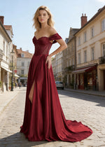 Inez Burgundy Prom Off Shoulder Dress | A-Line Strapless Corset Beaded Satin Formal Dress with Slit