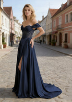 Inez Navy Blue Prom Off Shoulder Dress | A-Line Strapless Corset Beaded Satin Formal Dress with Slit