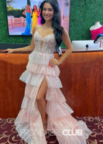 Ingrid |Long Pink Prom Dresses Websites With A Line Sweetheart Neck Layered Lace Sequins High Slit - Price #price_variant_lowest# - Pink - PromDressClub