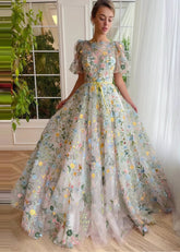 Ivy | Enchanting White Floral High Neck Short Sleeve Prom Dress - White Floral - PromDressClub