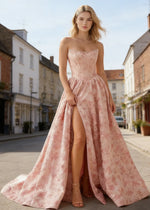 Jael Pink Floral Jacquard Prom Dress | A-Line Strapless Corset Pearl Formal Dress with Slit