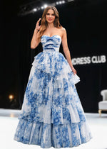 Jamie | Strapless Tiered White Blue Flower Long Prom Dress - Price #price_variant_lowest# - Blue Floral - PromDressClub