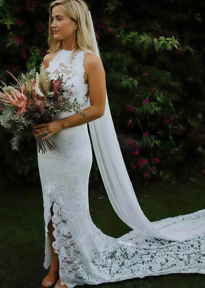 Jane | Mermaid Halter Neck Lace Backless High Low Hem Wedding Dress - White - PromDressClub