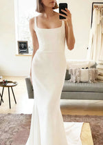 Janice | Sleek Square Neck Mermaid Minimalist Wedding Dress with Sweep Train - White - PromDressClub