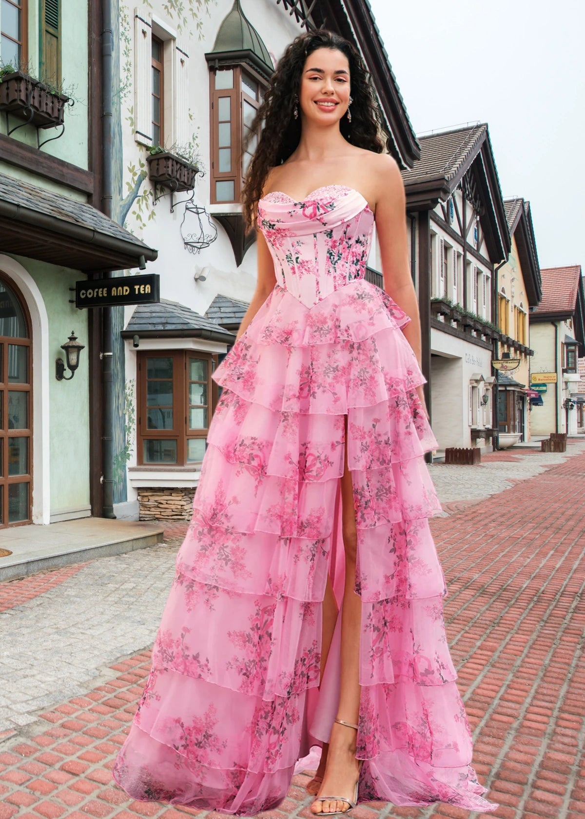 Janice | Strapless Corset Pink Floral Long Prom Dress - Price #price_variant_lowest# - Blush Floral - PromDressClub
