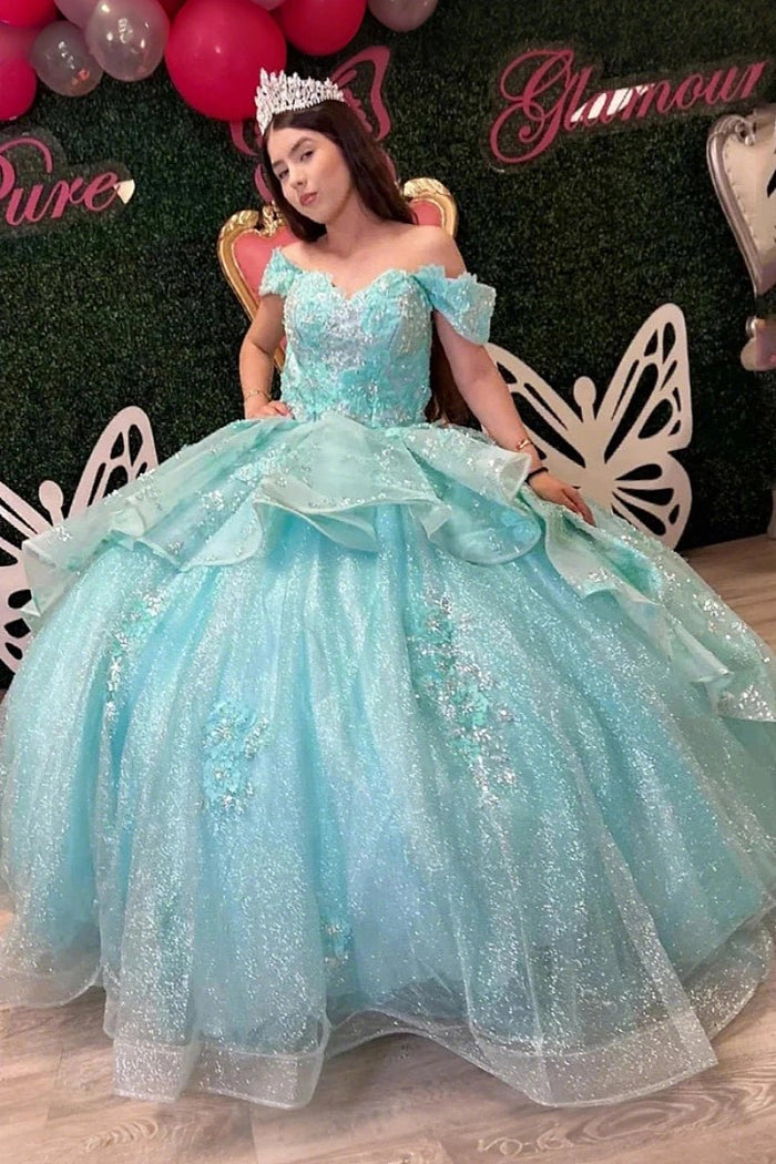 Jasmine | Stunning Light Blue Quinceanera Dresses with Ruffles and Off the Shoulder - Light Blue - PromDressClub
