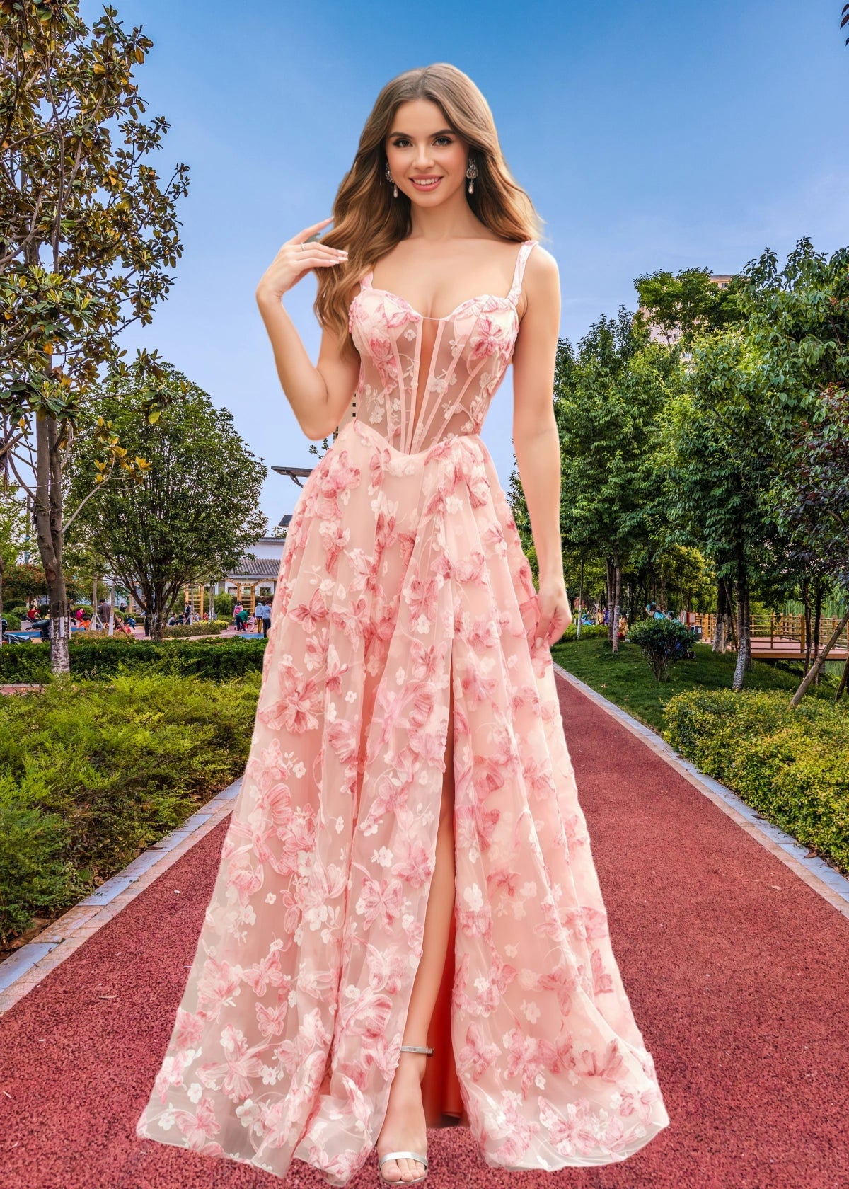 Jenny | Pink Floral A - Line Corset Slit Maxi Prom Dress - Price #price_variant_lowest# - Pink Floral - PromDressClub