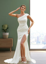 Jenny | Sheath/Column Satin Ruched One shoulder Ivory Wedding Dress Train with Slit - Ivory - PromDressClub