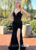 Jessica |Long Black Prom Dresses Near Me With Spaghetti Straps V - Neck Lace Appliques Mermaid Slit - Price #price_variant_lowest# - Black - PromDressClub