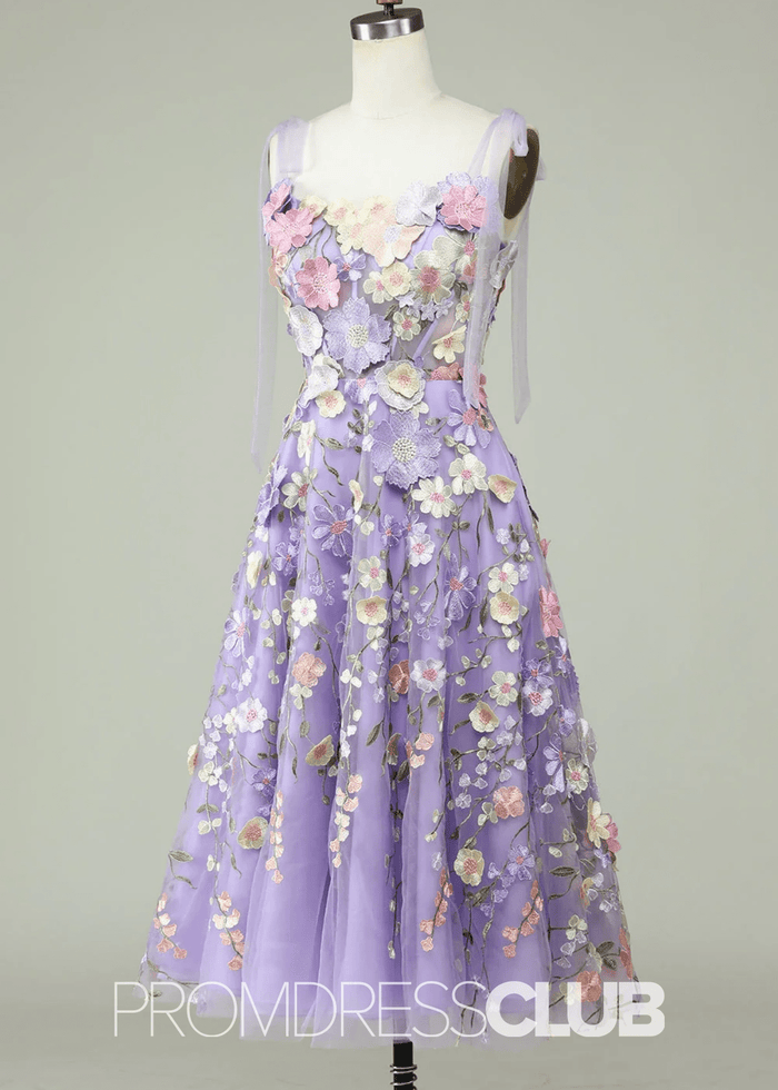 Joan | Spaghetti Straps A Line Purple Midi Prom Dress - Price #price_variant_lowest# - Purple Floral - PromDressClub