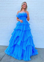 Joanna | A Line Royal Blue Light Pink Strapless Corset Formal Dress with Ruffle - Royal Blue - PromDressClub