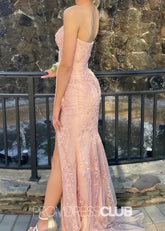 Joanne |Light Pink Long Prom Dresses Store With Strapless Lace Appliques Mermaid Scoop Side Slit - Price #price_variant_lowest# - Light Pink - PromDressClub