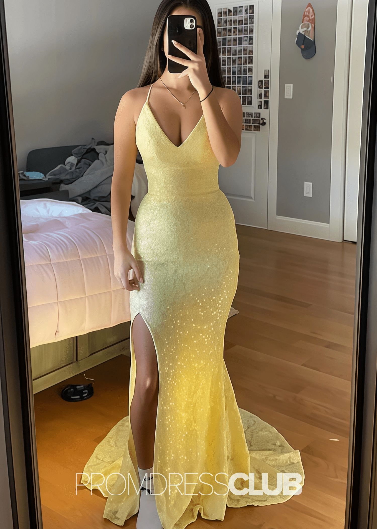 Jocelyn |Long Yellow Prom Dresses Shops With Spaghetti Straps V - Neck Lace Mermaid Slit - Price #price_variant_lowest# - Yellow - PromDressClub