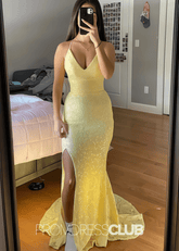 Jocelyn |Long Yellow Prom Dresses Shops With Spaghetti Straps V - Neck Lace Mermaid Slit - Price #price_variant_lowest# - Yellow - PromDressClub