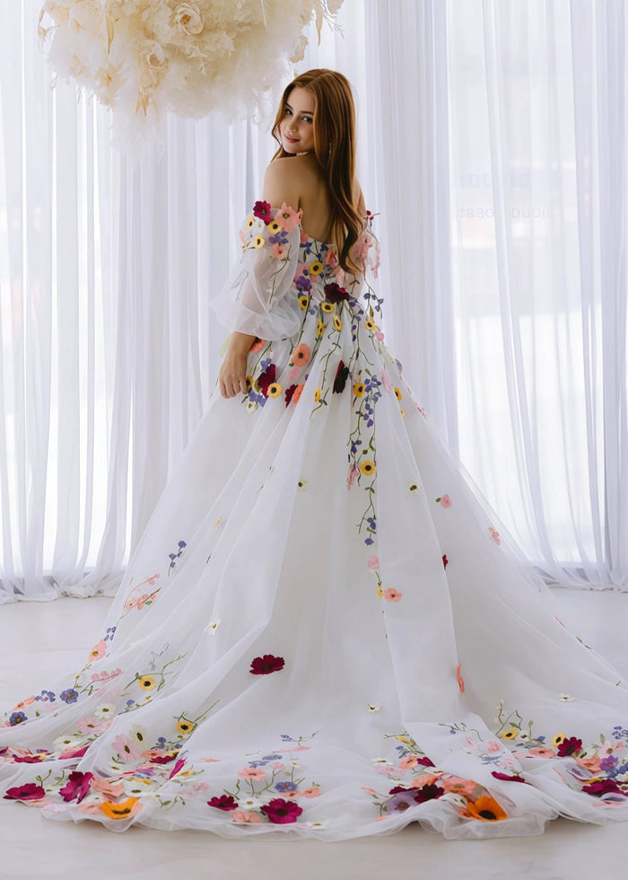 Josephine | Exquisite White Flower Strapless Long Sleeve Corset Wedding Dress - White Floral - PromDressClub