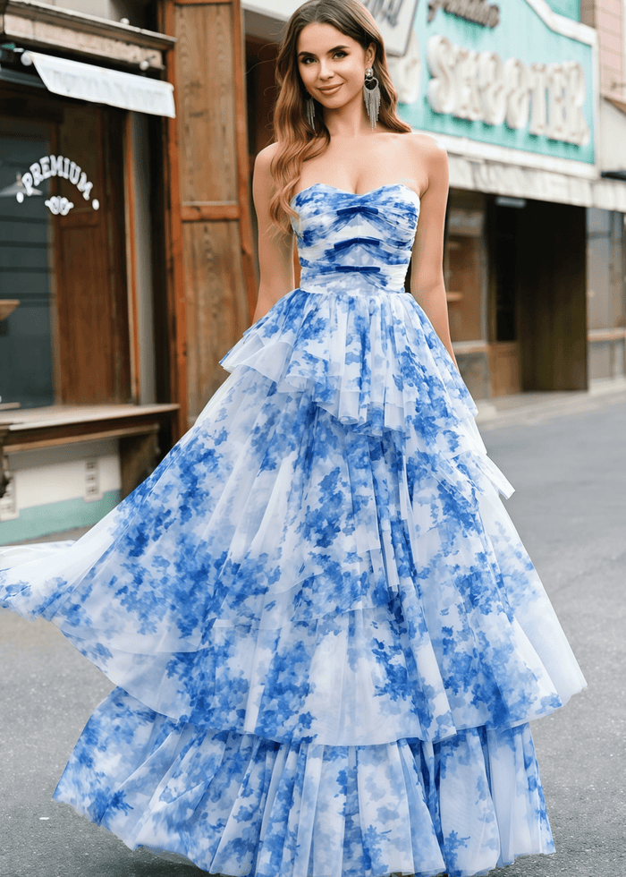 Joyce | White Blue Flower Strapless Tiered Tulle Long Prom Dress - Price #price_variant_lowest# - Blue Floral - PromDressClub