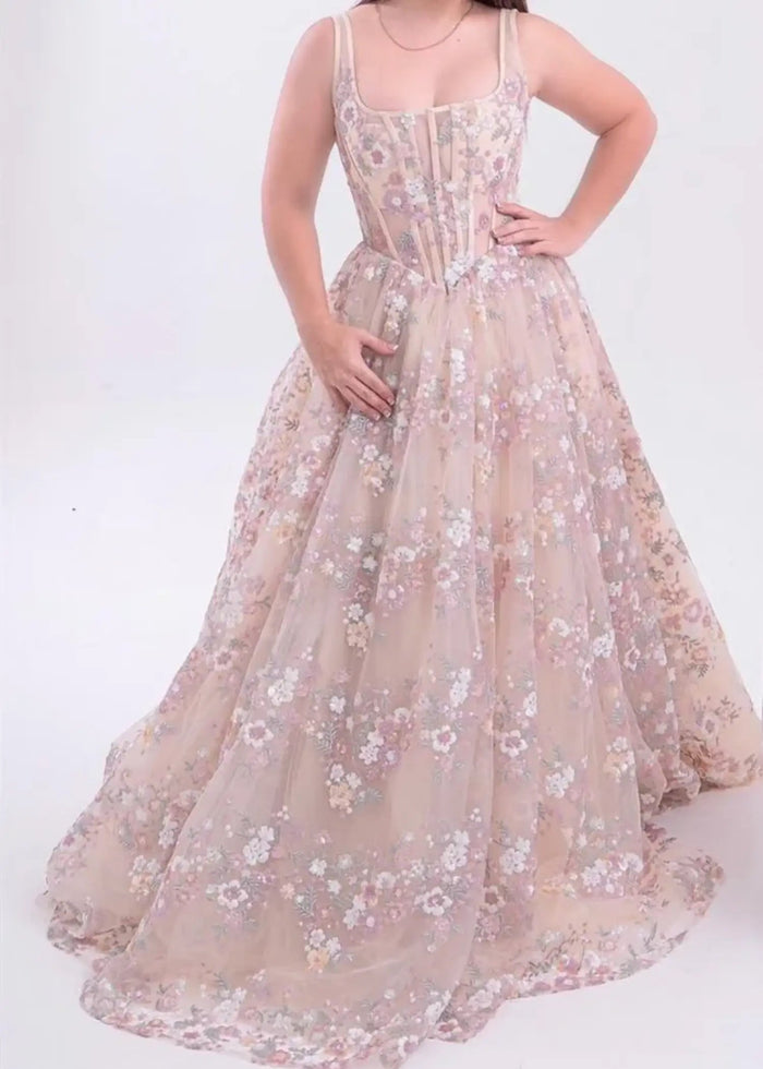 Kate | Ball Gown/Princess Blush Floral 3D Flower Square Neckline Prom Dress - Blush Floral - PromDressClub