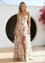 Kiera Ivory Floral Ruffle High Low Prom Dress | A-Line Strapless Sweetheart Neckline Tulle Pleated Cocktail Dress with Bow