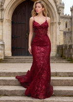 Kira Burgundy Glitter Dress Mermaid Prom | Spaghetti Strap Sweetheart Neckline Corset Flower Gown - US0 - PromDressClub