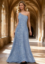 Mara Light Blue Velvet 1 Shoulder Prom Dress | A - Line Asymmetrical Sequin Open Back Gown - US00 - PromDressClub