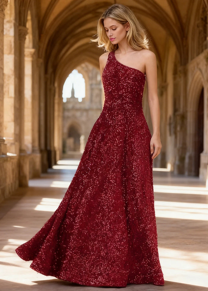 Mara Burgundy Velvet 1 Shoulder Prom Dress | A - Line Asymmetrical Sequin Open Back Gown - US00 - PromDressClub