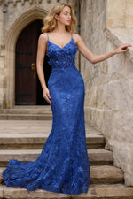 Kira Royal Blue Glitter Dress Mermaid Prom | Spaghetti Strap Sweetheart Neckline Corset Flower Gown - US0 - PromDressClub