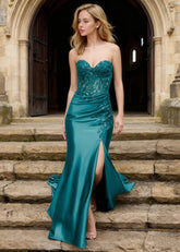 Kismet Dusty Green Strapless Prom Dress | Mermaid Sweetheart Neckline Lace 3D Floral Pleated Dress Split - US0 - PromDressClub