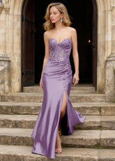 Kismet Lavender Strapless Prom Dress | Mermaid Sweetheart Neckline Lace 3D Floral Pleated Dress Split - US0 - PromDressClub