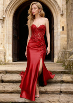 Kismet Red Strapless Prom Dress | Mermaid Sweetheart Neckline Lace 3D Floral Pleated Dress Split - US0 - PromDressClub