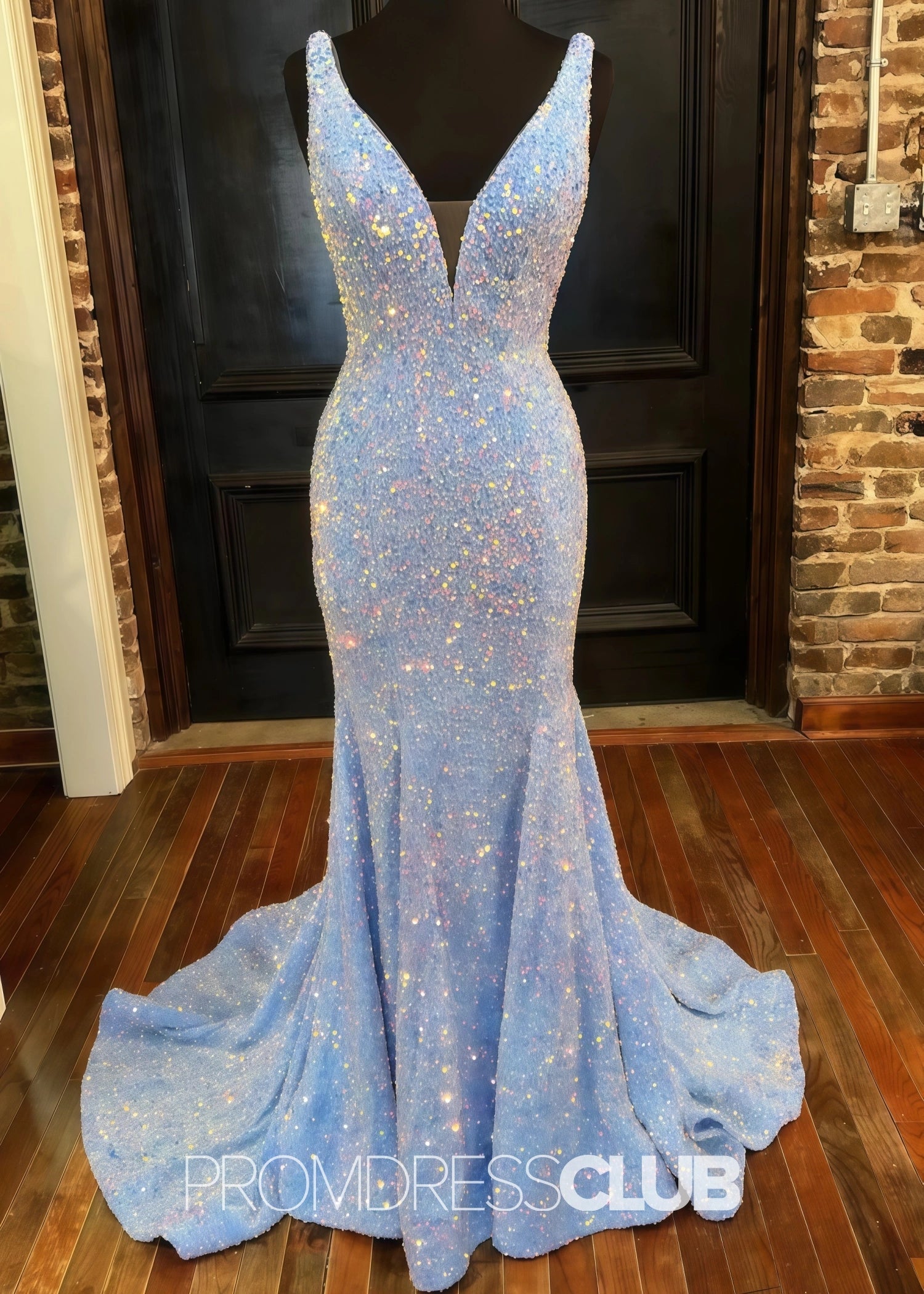 Kitty |Long Light Blue Prom Dresses Near Me With Sequin V Neck Mermaid - Price #price_variant_lowest# - Light Blue - PromDressClub