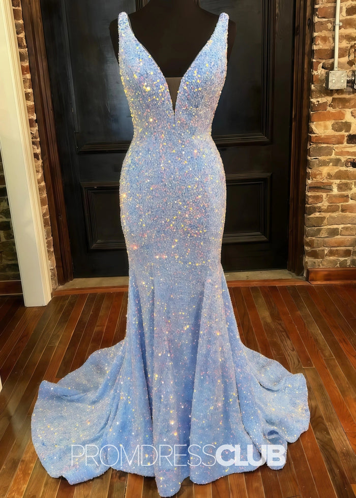 Kitty |Long Light Blue Prom Dresses Near Me With Sequin V Neck Mermaid - Price #price_variant_lowest# - Light Blue - PromDressClub
