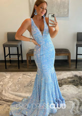 Kitty |Long Light Blue Prom Dresses Near Me With Sequin V Neck Mermaid - Price #price_variant_lowest# - Light Blue - PromDressClub