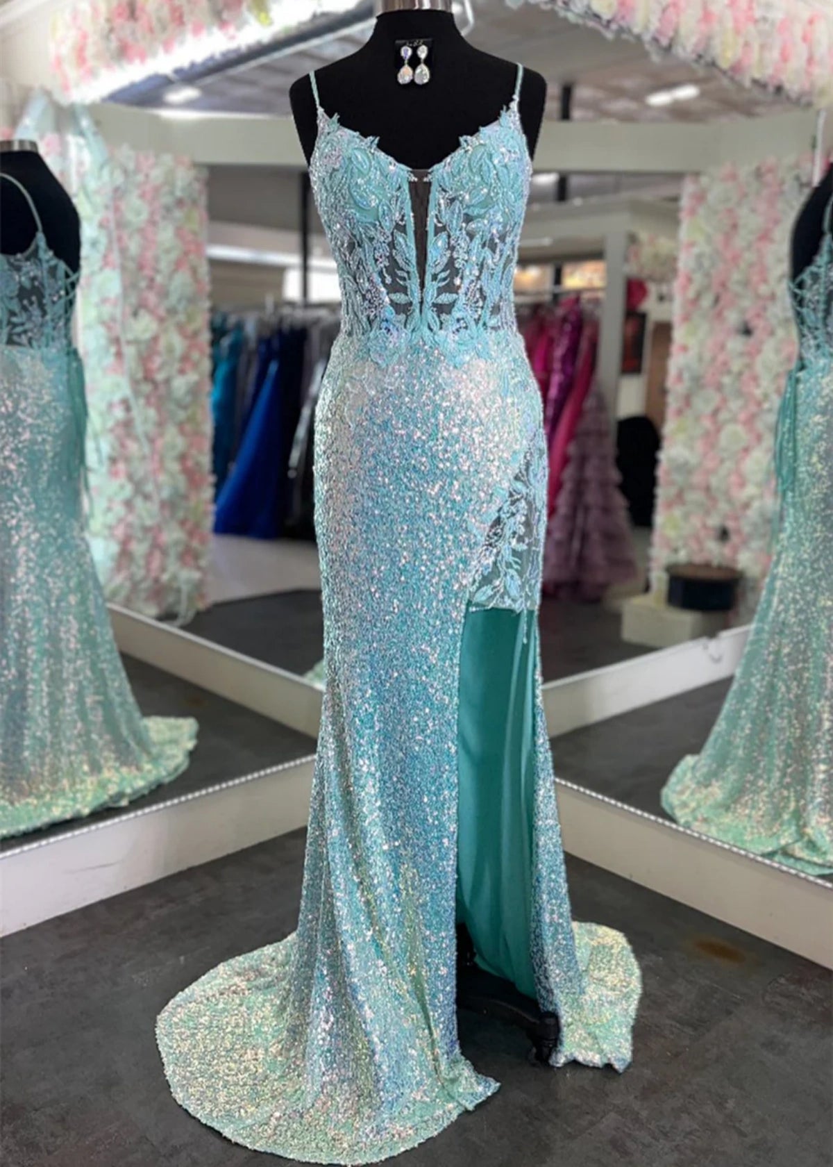 Laurel | Mermaid Sparkly Spaghetti Straps Aqua Sequin Long Prom Dress - Price #price_variant_lowest# - Aqua - PromDressClub