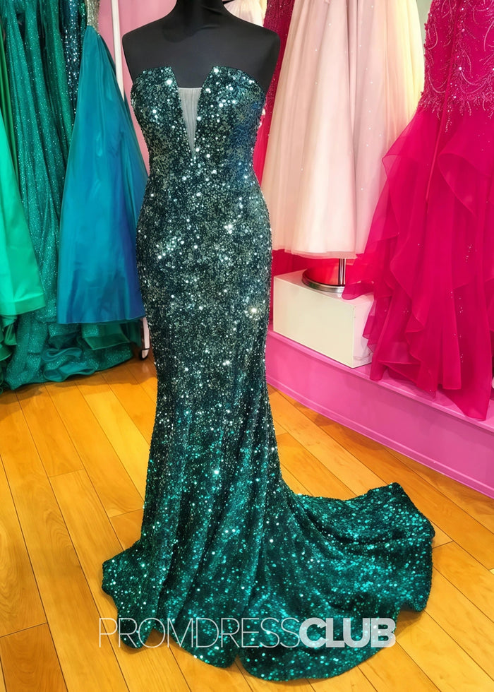 Lesley |Long Green Prom Dresses Near Me With Sequin Strapless V Neck Mermaid - Price #price_variant_lowest# - Green - PromDressClub