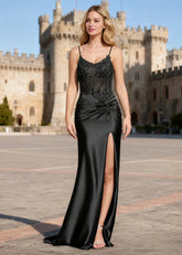 Lila Black Mermaid Lace Beaded Prom Dress | Spaghetti Straps V - Neck Pleated Satin Dress with Slit - US0 - PromDressClub