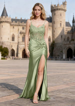 Lila Dusty Sage Mermaid Lace Beaded Prom Dress | Spaghetti Straps V - Neck Pleated Satin Dress with Slit - US0 - PromDressClub