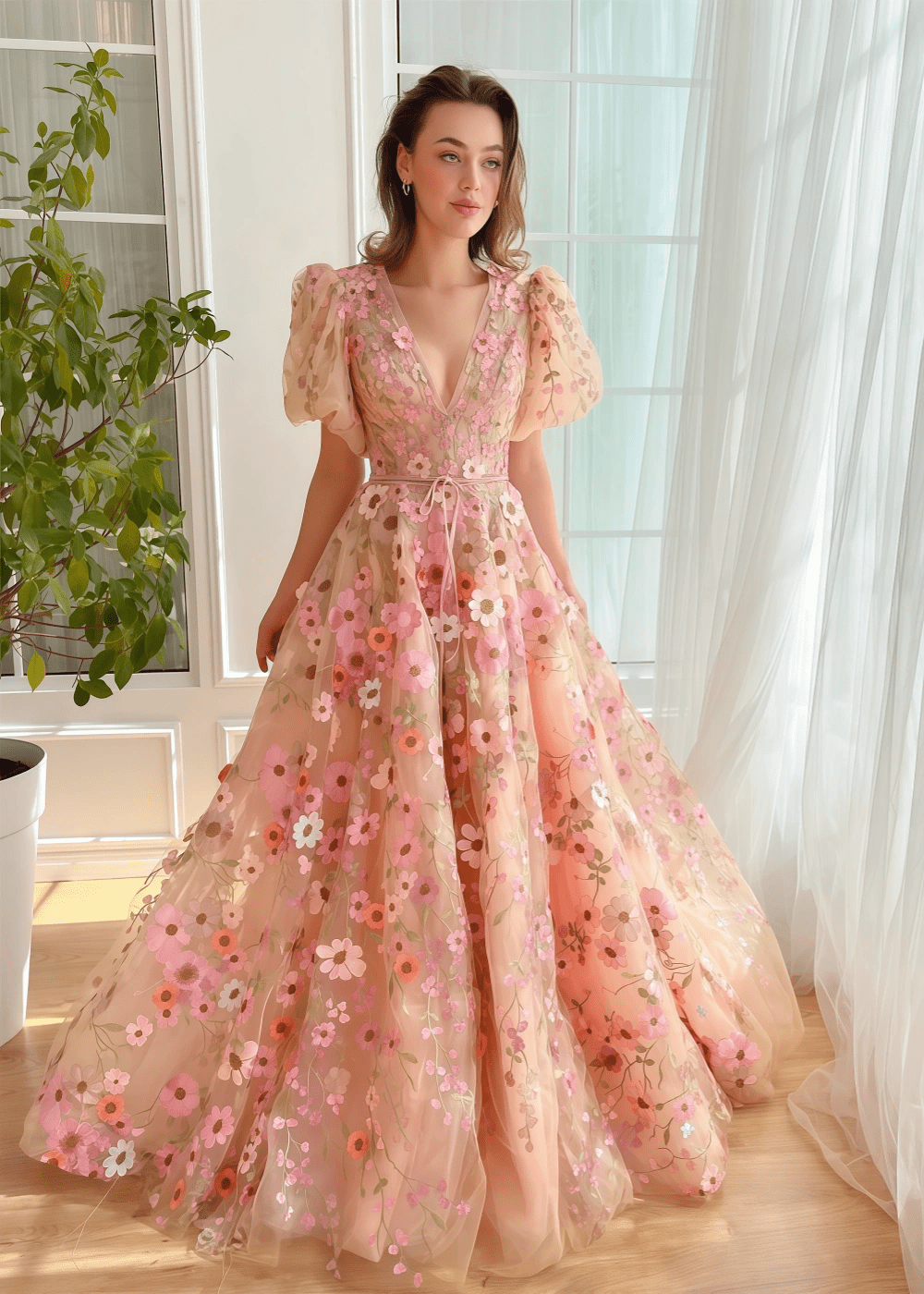 Lila | Elegant Champagne Short Sleeve Flower Corset Prom Dress - Champagne Floral - PromDressClub